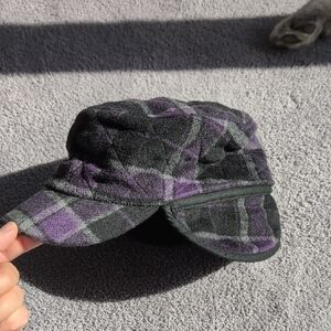 Duluth Black and Purple Plaid Fleece Winter Cap With Ear Flaps Size S